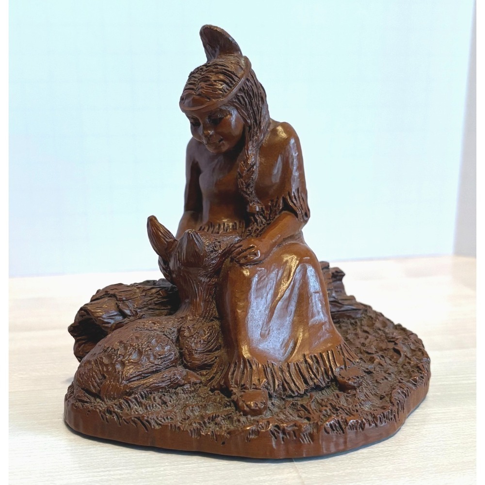 Vintage Red Mill Mfg. Co. Figurine Woman with Deer Fawn Signed Pecan Shell Resin
